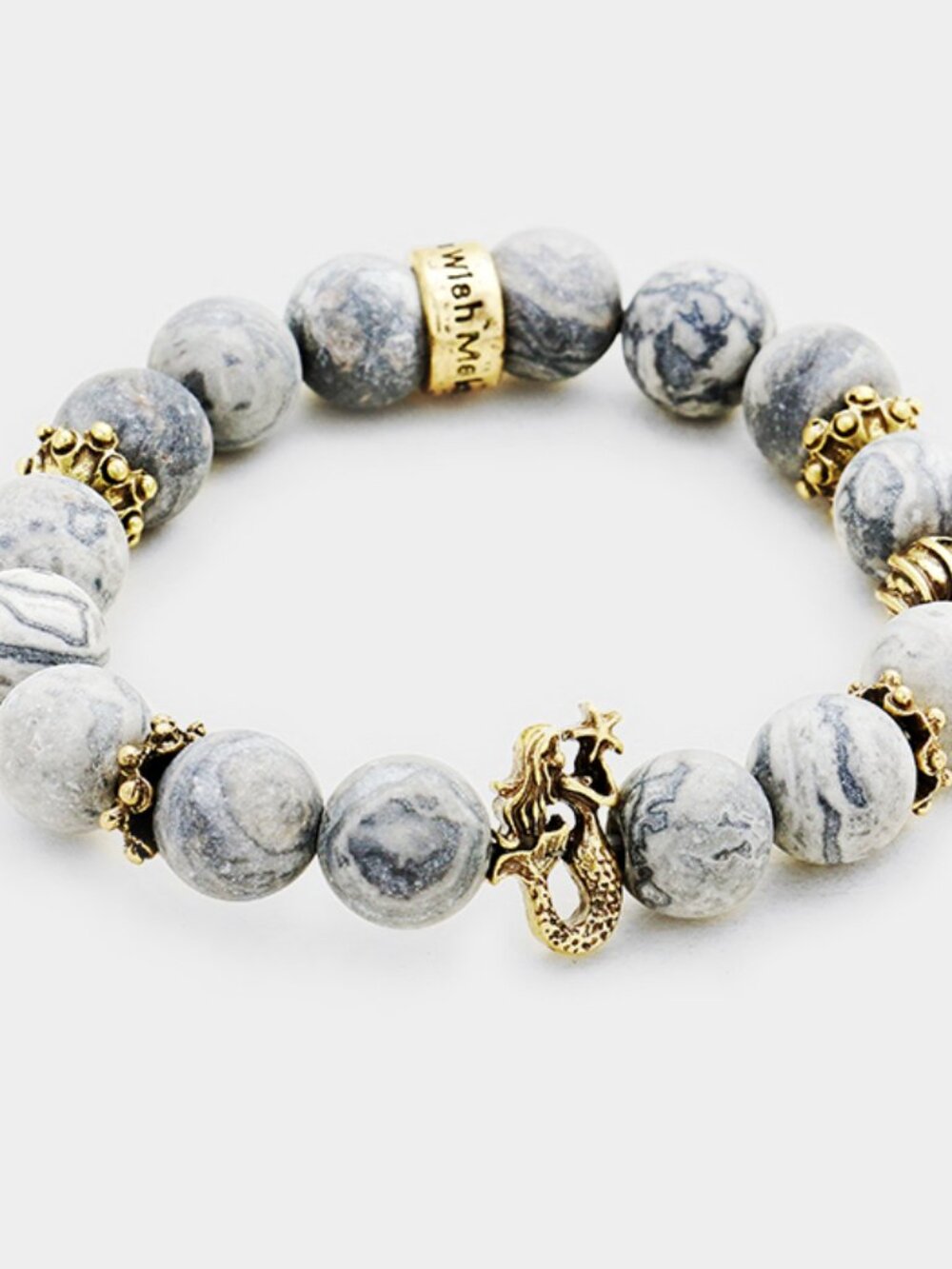 "Make a Wish" Mermaid Charm Gray Stone Stretch Bracelet - Boho Beach Stacking